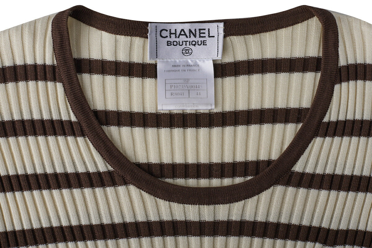 CHANEL T-Shirt, Coco Mark Border, Knit, Cotton, Ivory, Gold-Tone Hardware, Pre-Owned - Vintage La Charme