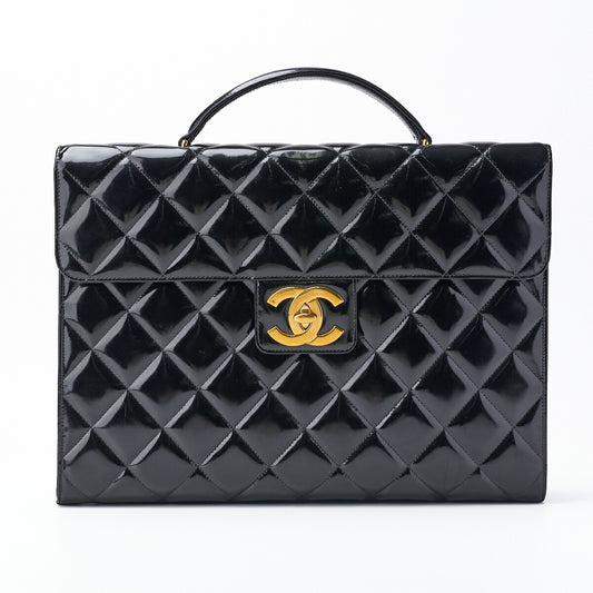 CHANEL Business Bag, Matelasse, Enamel, Black, Gold-Tone Hardware, Pre-Owned - Vintage La Charme