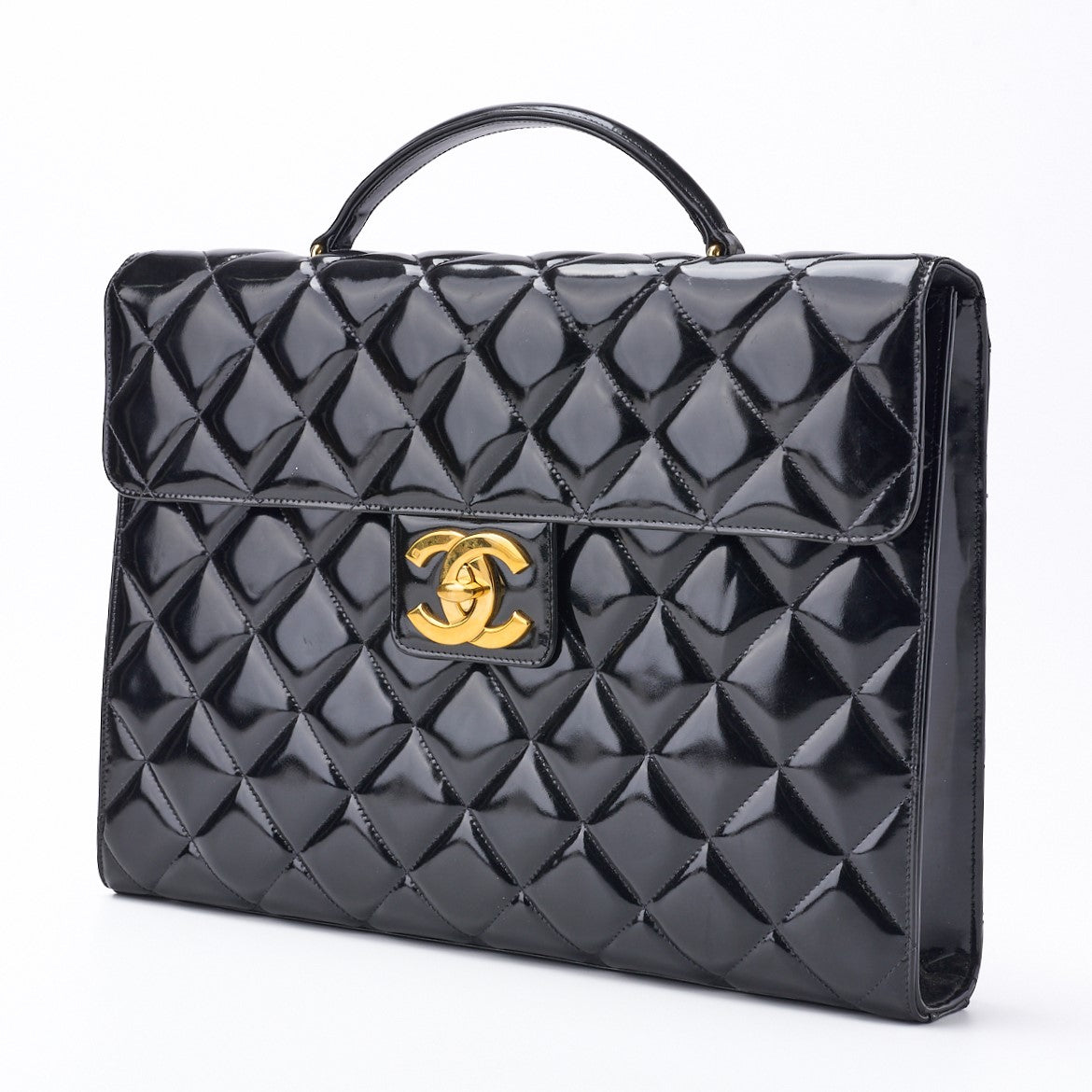 CHANEL Business Bag, Matelasse, Enamel, Black, Gold-Tone Hardware, Pre-Owned - Vintage La Charme