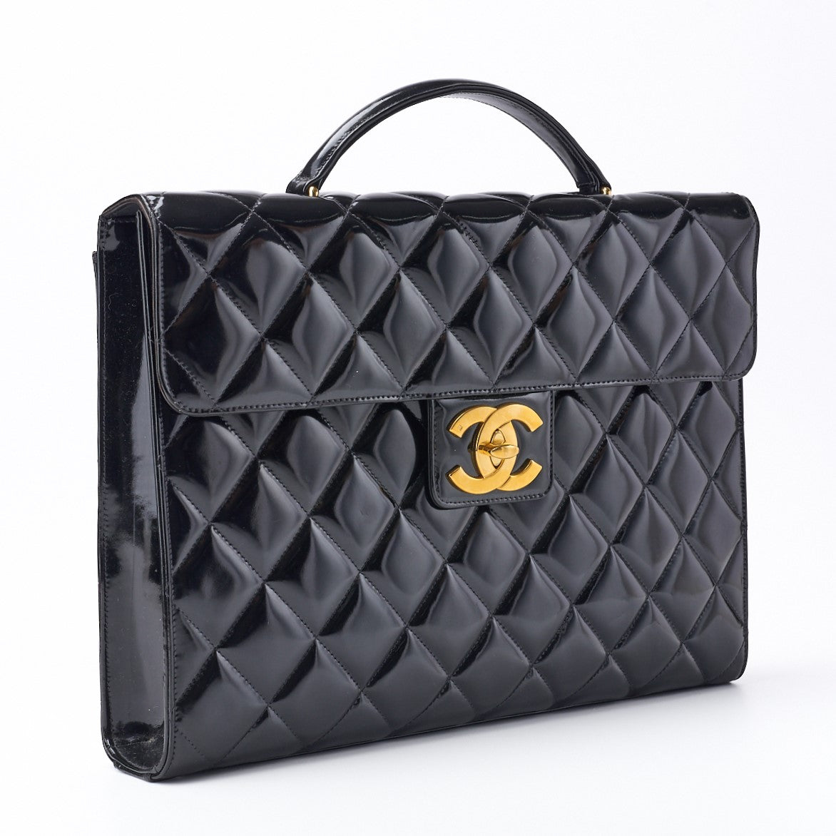 CHANEL Business Bag, Matelasse, Enamel, Black, Gold-Tone Hardware, Pre-Owned - Vintage La Charme