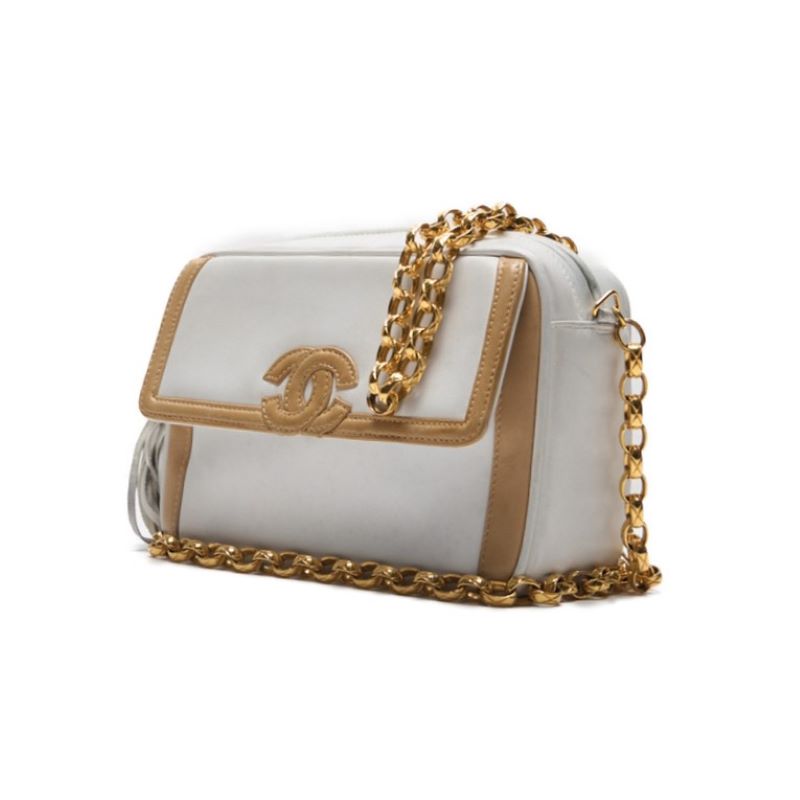 CHANEL Shoulder Bag, Coco Mark With Fringe Bijou Chain, Bicolor Lambskin, White, Gold-Tone Hardware, Pre-Owned - Vintage La Charme
