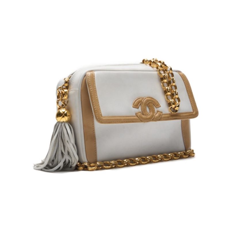CHANEL Shoulder Bag, Coco Mark With Fringe Bijou Chain, Bicolor Lambskin, White, Gold-Tone Hardware, Pre-Owned - Vintage La Charme