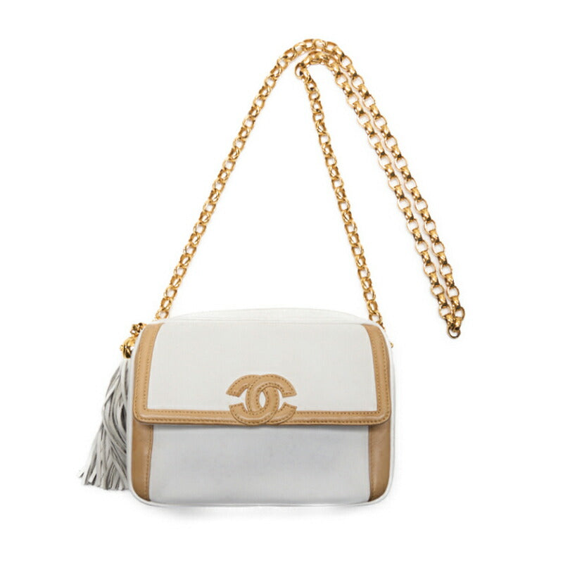 CHANEL Shoulder Bag, Coco Mark With Fringe Bijou Chain, Bicolor Lambskin, White, Gold-Tone Hardware, Pre-Owned - Vintage La Charme