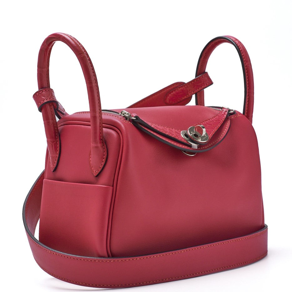 HERMES Mini Lindy 18 2WAY Shoulder Bag Swift Crocodile Rose Shocking Silver-Tone Hardware Pre-Owned - Vintage La Charme