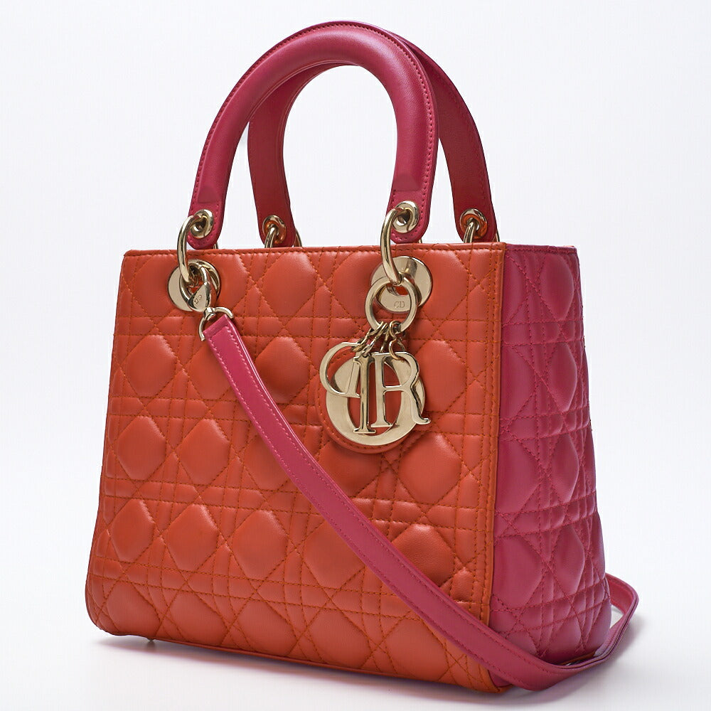 Dior Lady Dior Cannage Bicolor 2WAY Handbag Lambskin Red Gold-Tone Hardware Pre-Owned - Vintage La Charme