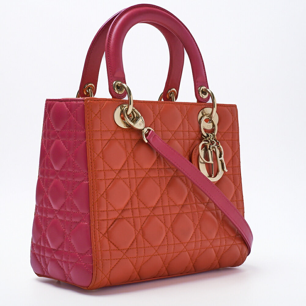 Dior Lady Dior Cannage Bicolor 2WAY Handbag Lambskin Red Gold-Tone Hardware Pre-Owned - Vintage La Charme