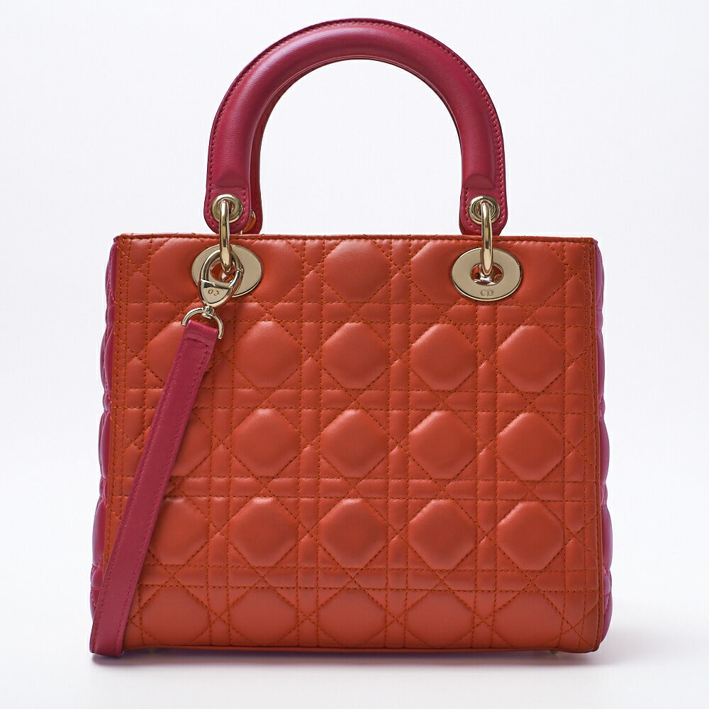 Dior Lady Dior Cannage Bicolor 2WAY Handbag Lambskin Red Gold-Tone Hardware Pre-Owned - Vintage La Charme