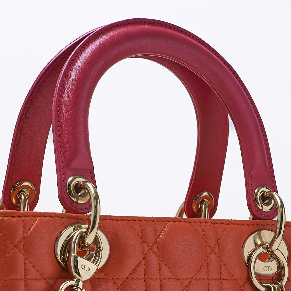Dior Lady Dior Cannage Bicolor 2WAY Handbag Lambskin Red Gold-Tone Hardware Pre-Owned - Vintage La Charme
