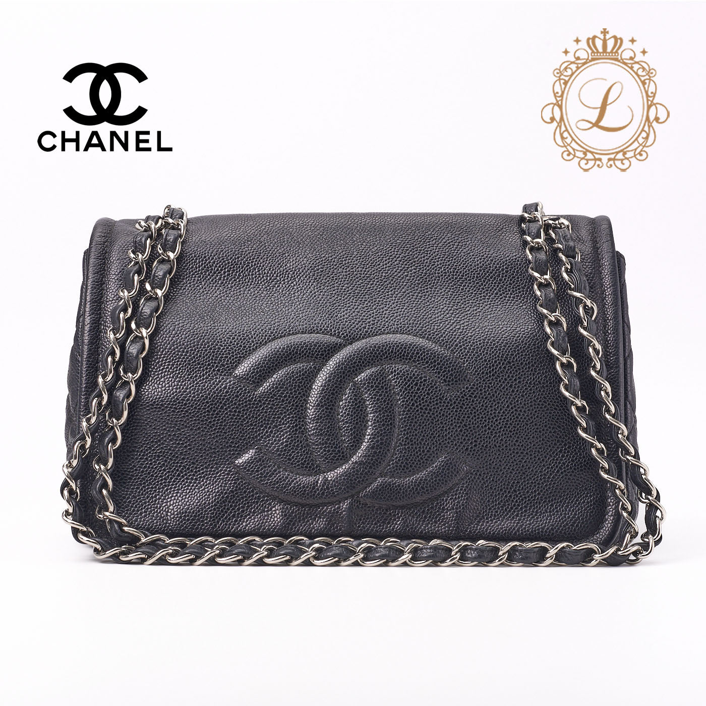 CHANEL Tote Bag Matelasse Coco Mark Chain Shoulder Soft Caviar Skin Black Silver-Tone Hardware Pre-Owned - Vintage La Charme