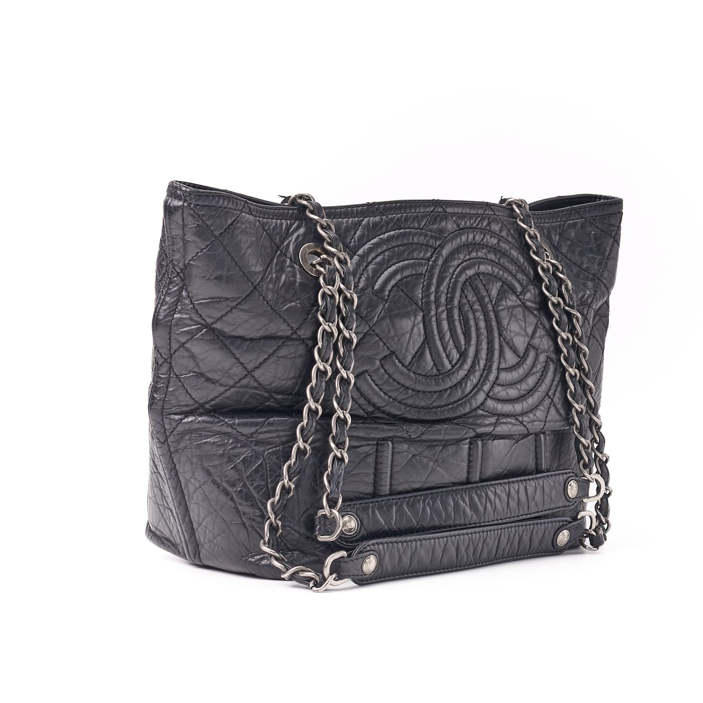 CHANEL Tote Bag Matelasse Coco Mark Double Chain Vintage Calf Black Silver-Tone Hardware Pre-Owned - Vintage La Charme