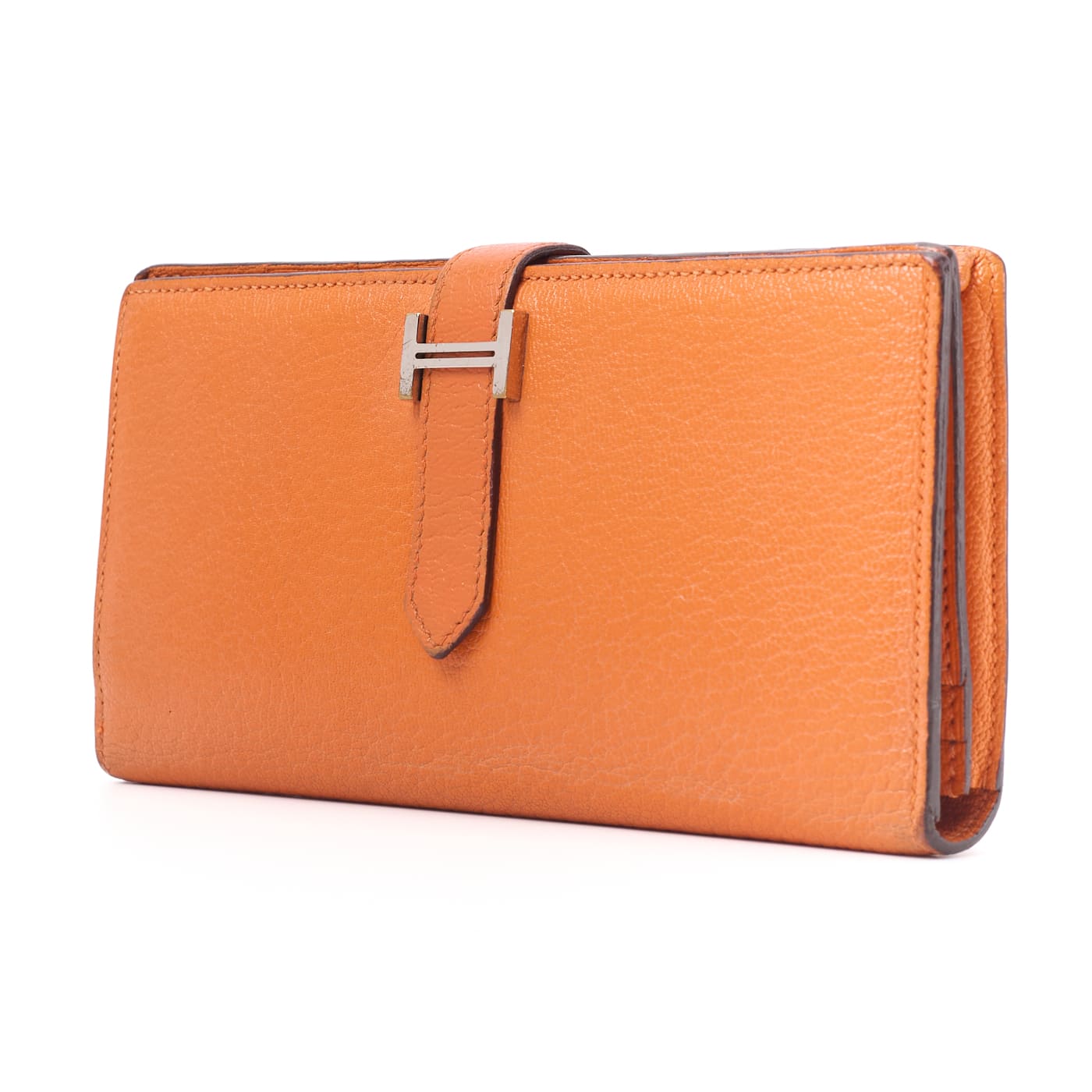 HERMES Bearn Soufflet Two-Fold Long Wallet Chevre Orange Silver-Tone Hardware Pre-Owned - Vintage La Charme
