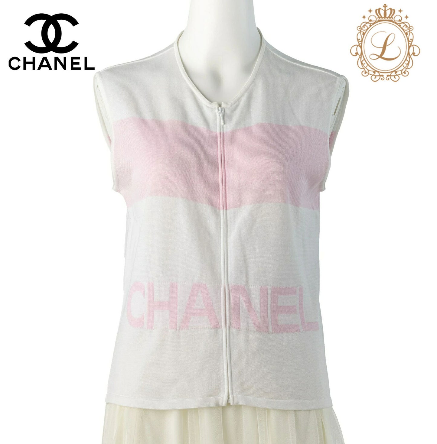 CHANEL Sleeveless T-Shirt, Cut-and-Sew, 100 Percent Cotton, White, Silver-Tone Hardware, Pre-Owned - Vintage La Charme