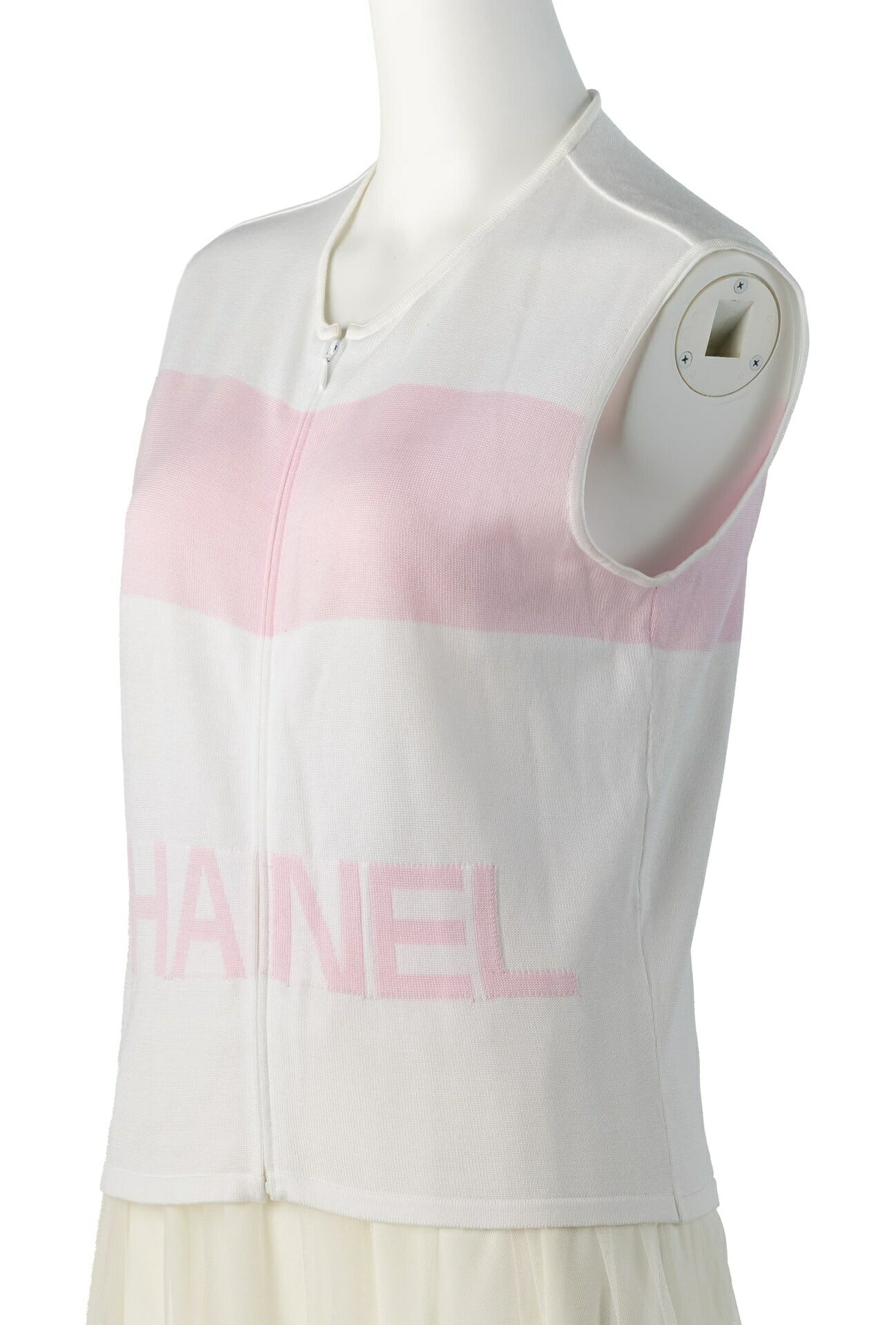 CHANEL Sleeveless T-Shirt, Cut-and-Sew, 100 Percent Cotton, White, Silver-Tone Hardware, Pre-Owned - Vintage La Charme