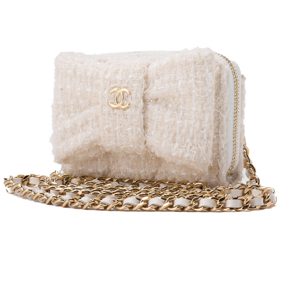 CHANEL Mini Shoulder Bag, Matelasse, Chain Shoulder, Tweed, White, Gold-Tone Hardware, Pre-Owned - Vintage La Charme