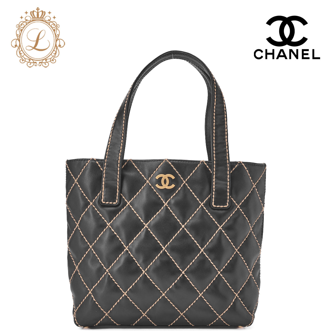 CHANEL Tote Bag Coco Mark Wild Stitch Calfskin Black Gold-Tone Hardware Pre-Owned - Vintage La Charme