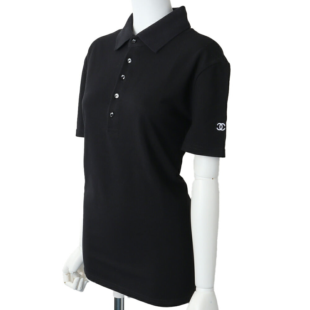 CHANEL Polo Shirt, Coco Mark Logo Button, Cut-and-Sew, Cotton, Black, Gold-Tone Hardware, Pre-Owned - Vintage La Charme