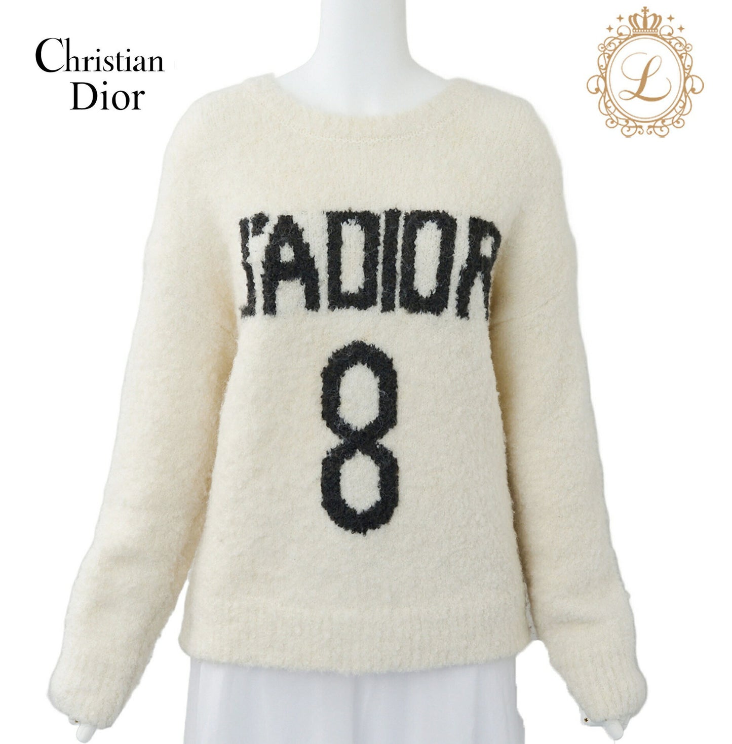 Dior Knit Sweater Top, J'ADIOR Logo, Wool Blend, White, Silver-Tone Hardware, Pre-Owned - Vintage La Charme