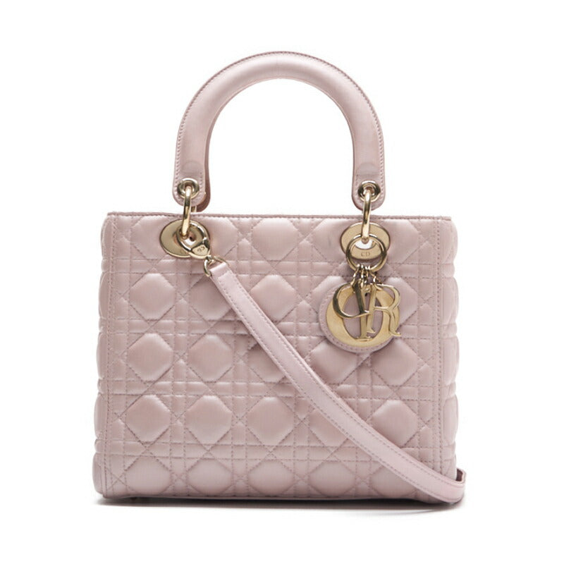 Dior Lady Dior Cannage 2WAY Hand Lambskin Pink Gold-Tone Hardware Pre-Owned - Vintage La Charme