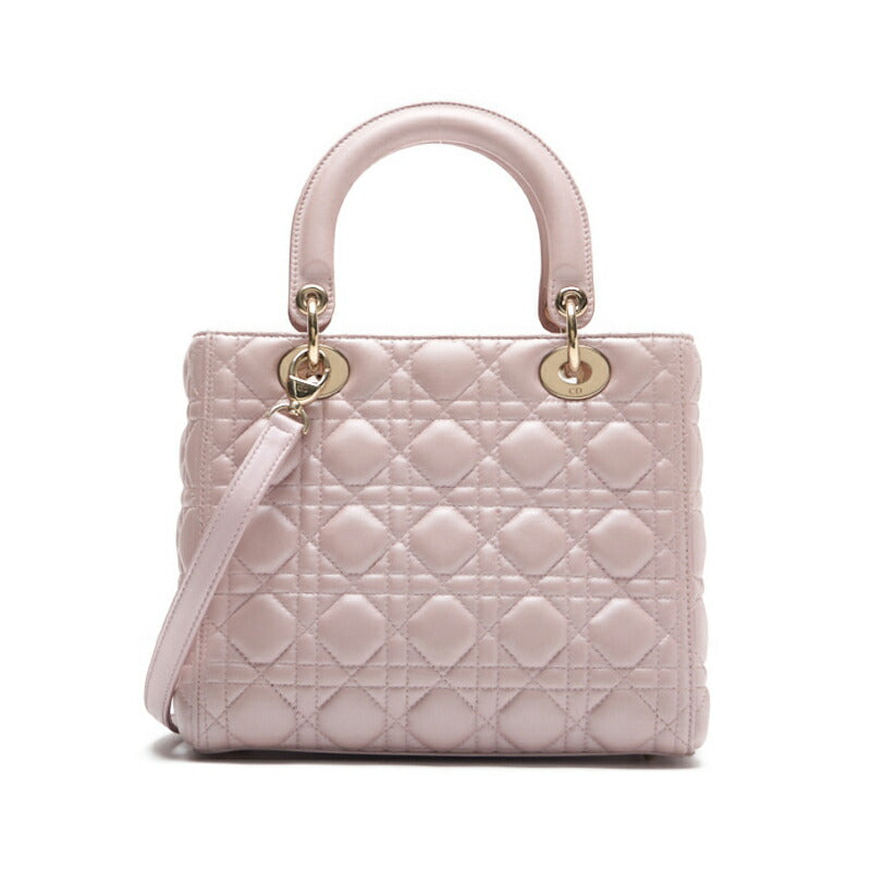 Dior Lady Dior Cannage 2WAY Hand Lambskin Pink Gold-Tone Hardware Pre-Owned - Vintage La Charme