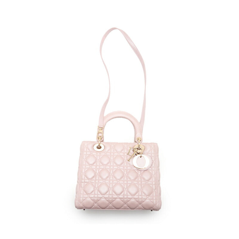 Dior Lady Dior Cannage 2WAY Hand Lambskin Pink Gold-Tone Hardware Pre-Owned - Vintage La Charme