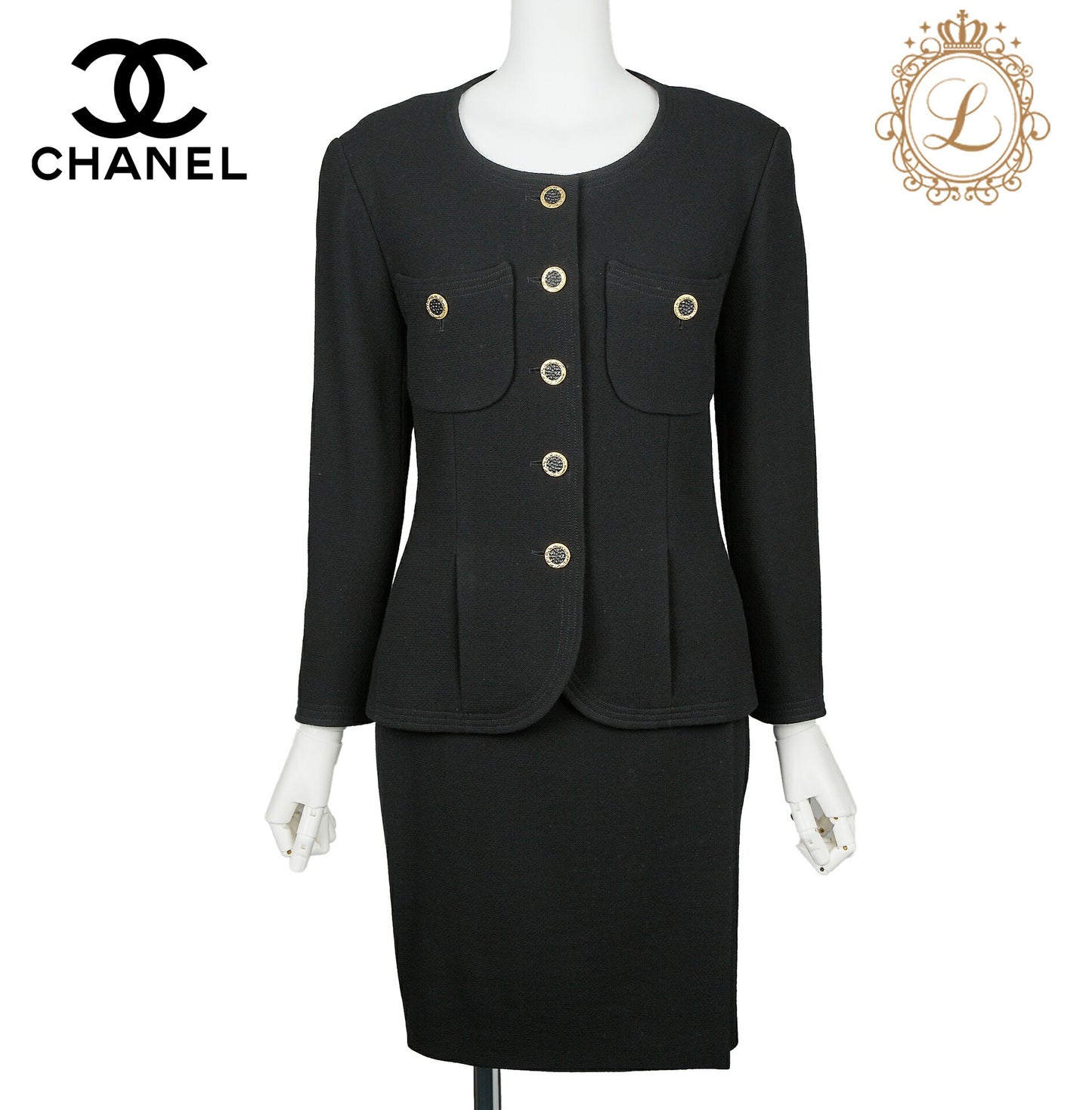 CHANEL Jacket Skirt Set Up, No Collar, Wool Blend, Black, Silver-Tone Hardware, Pre-Owned - Vintage La Charme