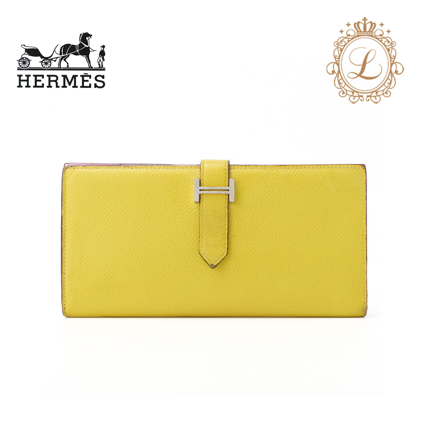 HERMES Bearn Soufflet Two-Fold Long Wallet Bicolor Vaux Epson Yellow Silver-Tone Hardware Pre-Owned - Vintage La Charme