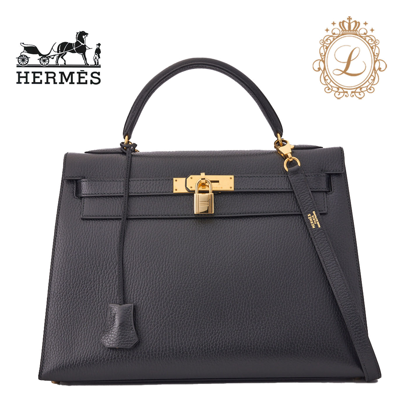 HERMES Kelly 32 2WAY Handbag Ardennes Leather Black Gold-Tone Hardware Pre-Owned - Vintage La Charme