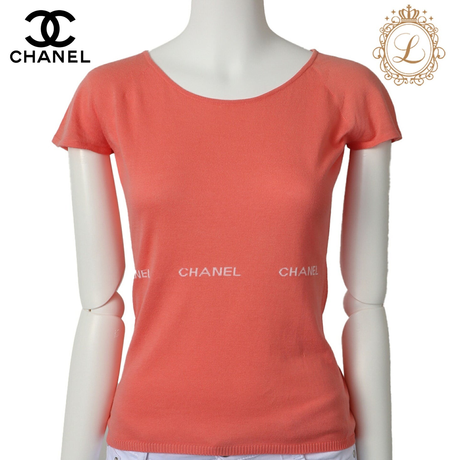 CHANEL T-Shirt, Logo Mark, Knit, Cotton, Salmon Pink, Gold-Tone Hardware, Pre-Owned - Vintage La Charme
