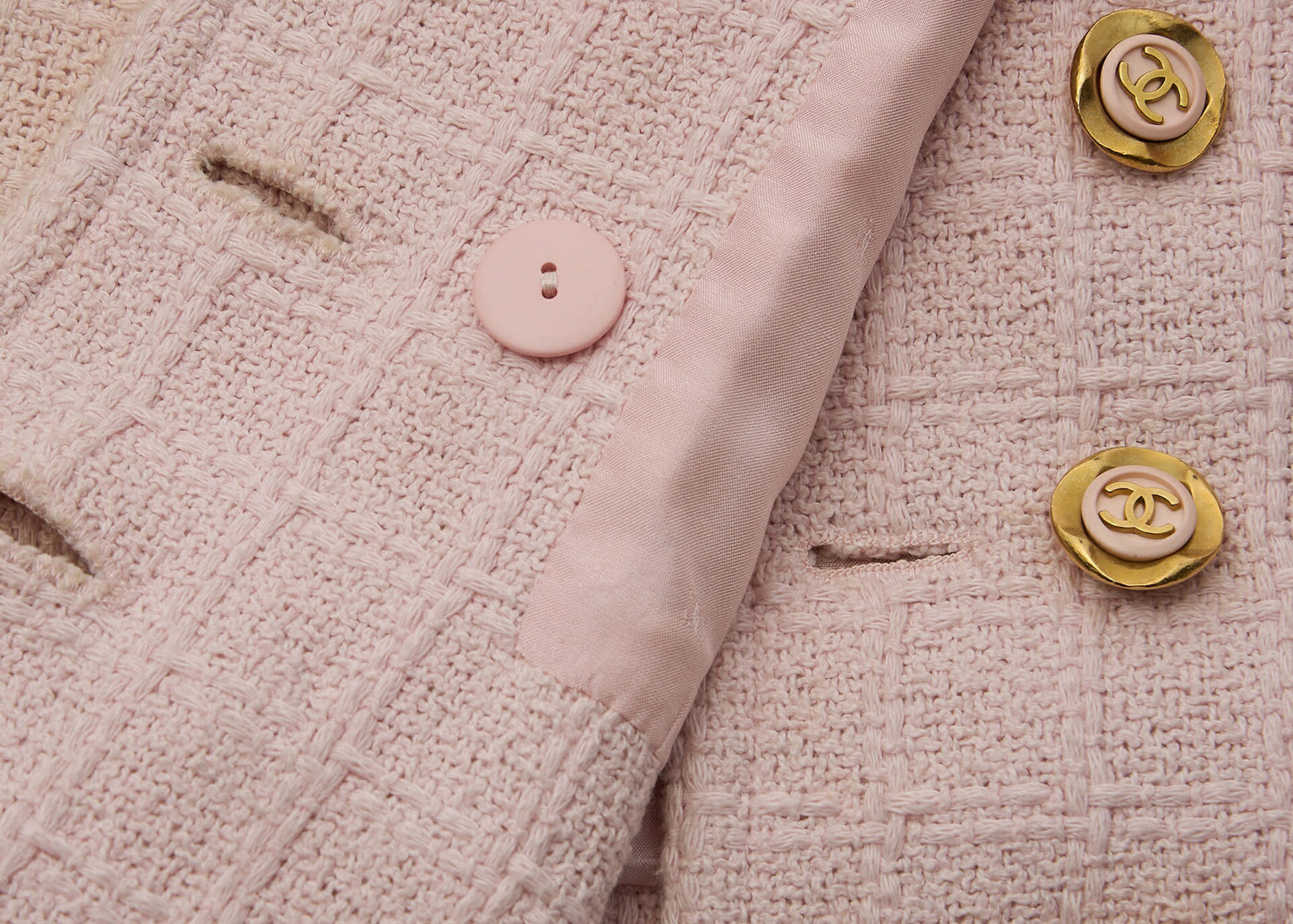 CHANEL Jacket, Coco Button, Tweed, Cotton, Pink, Gold-Tone Hardware, Pre-Owned - Vintage La Charme