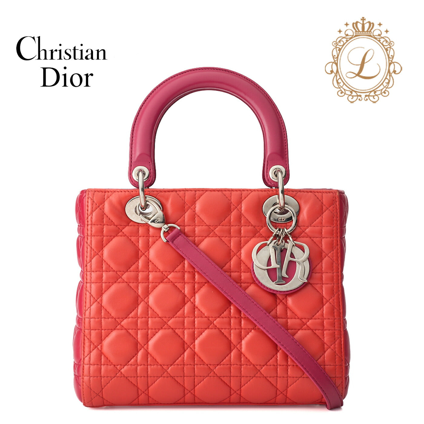 Dior Lady Dior Cannage 2WAY Handbag Lambskin Red Salmon Pink Gold-Tone Hardware Pre-Owned - Vintage La Charme