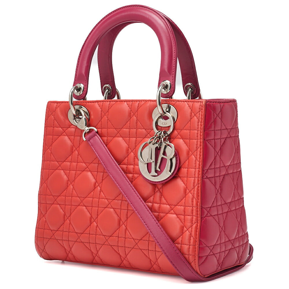 Dior Lady Dior Cannage 2WAY Handbag Lambskin Red Salmon Pink Gold-Tone Hardware Pre-Owned - Vintage La Charme