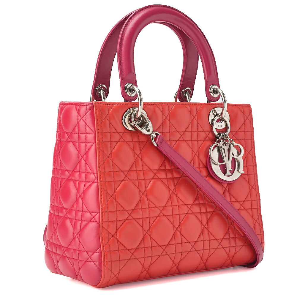 Dior Lady Dior Cannage 2WAY Handbag Lambskin Red Salmon Pink Gold-Tone Hardware Pre-Owned - Vintage La Charme