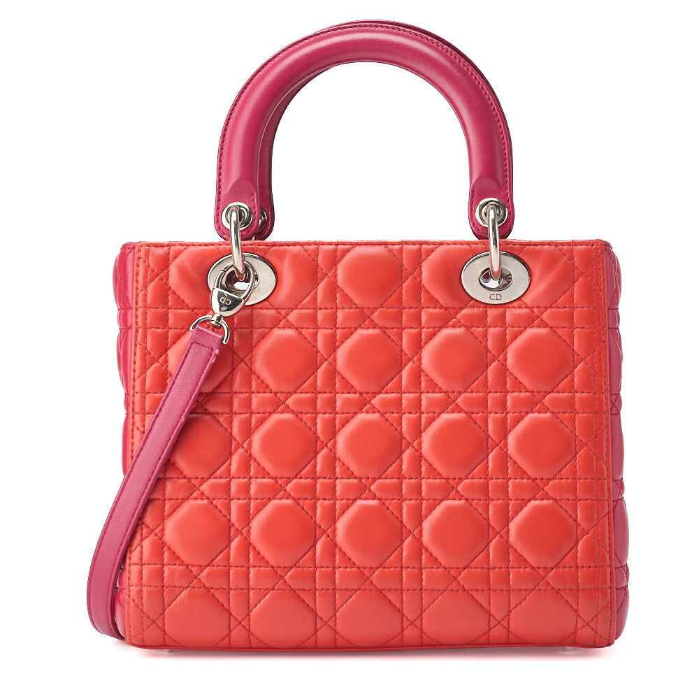 Dior Lady Dior Cannage 2WAY Handbag Lambskin Red Salmon Pink Gold-Tone Hardware Pre-Owned - Vintage La Charme