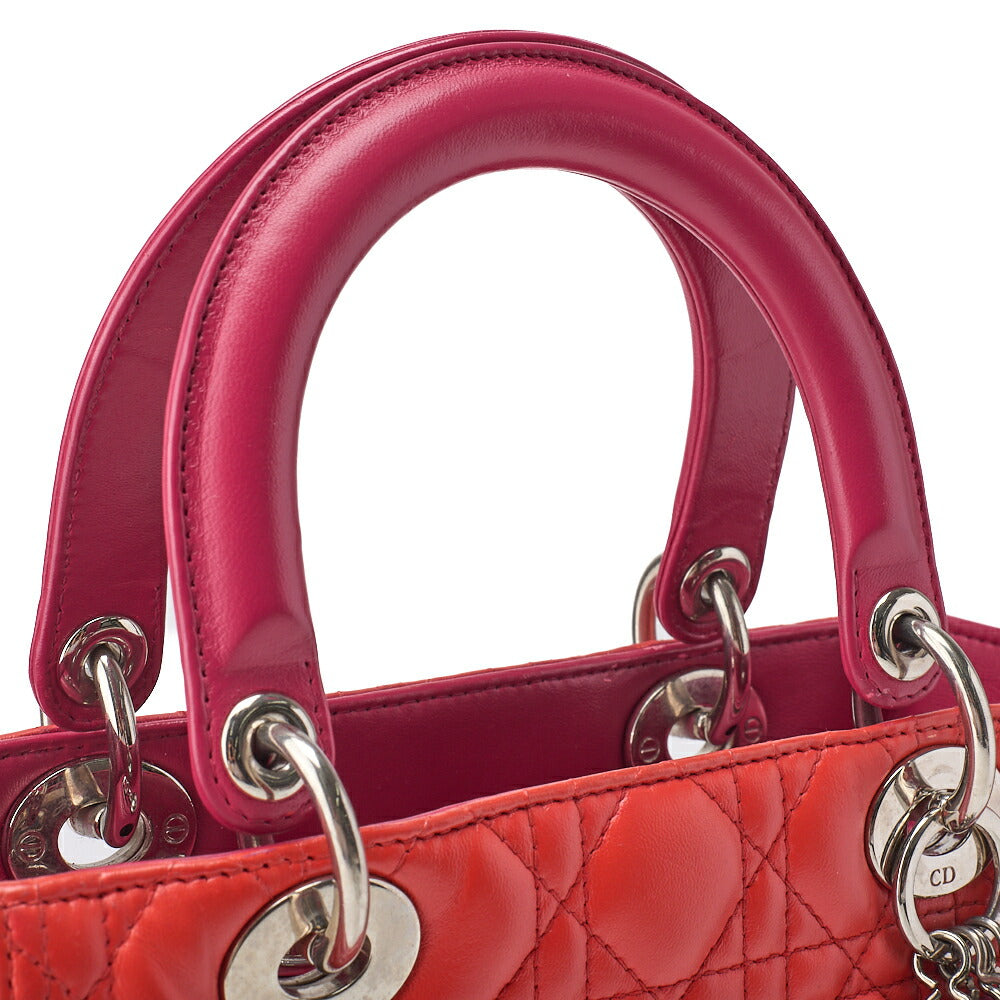 Dior Lady Dior Cannage 2WAY Handbag Lambskin Red Salmon Pink Gold-Tone Hardware Pre-Owned - Vintage La Charme