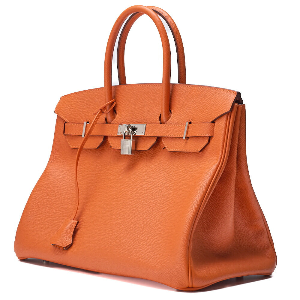 HERMES Birkin 35 Handbag Vo Epson Orange Vaux Epson Silver-Tone Hardware Pre-Owned - Vintage La Charme