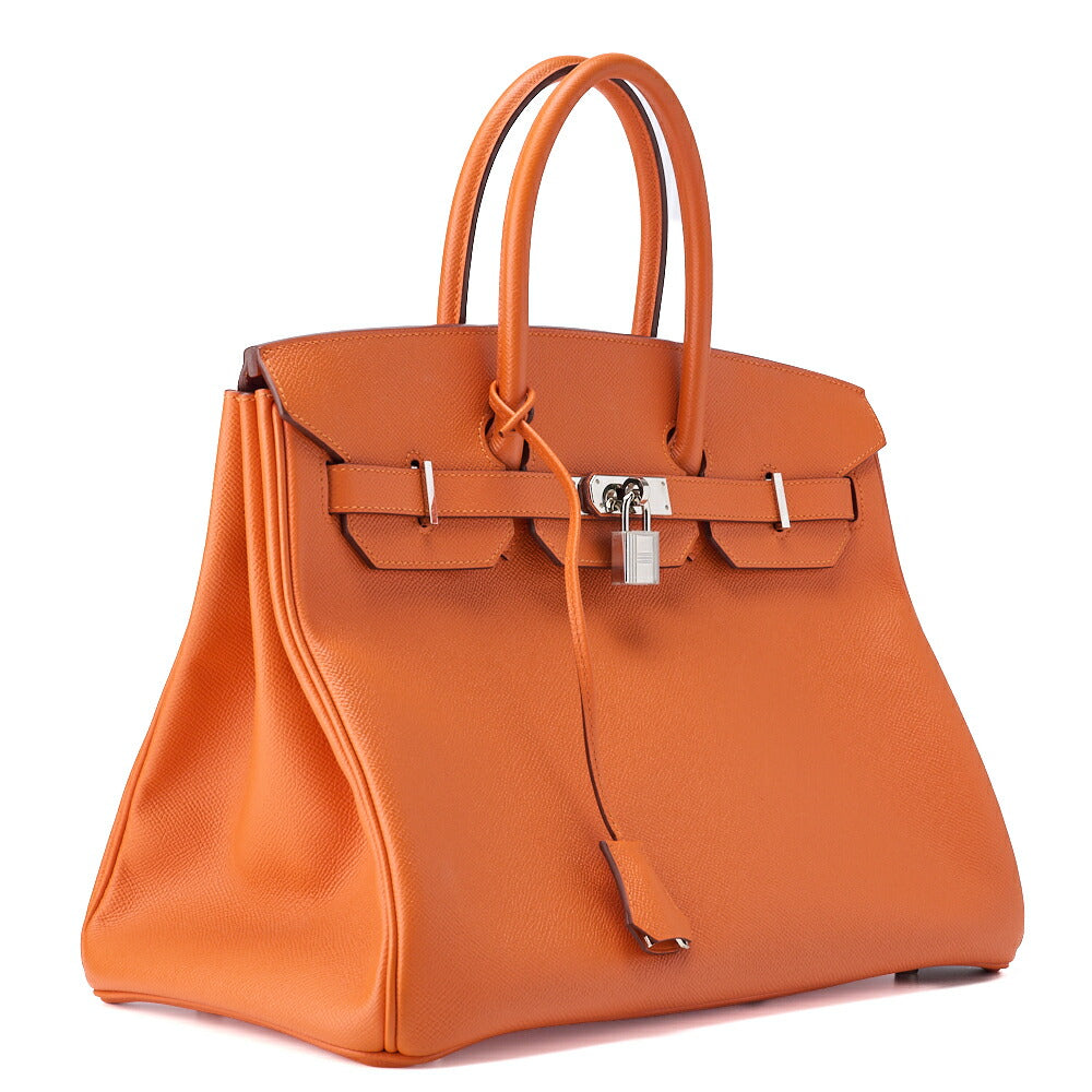 HERMES Birkin 35 Handbag Vo Epson Orange Vaux Epson Silver-Tone Hardware Pre-Owned - Vintage La Charme