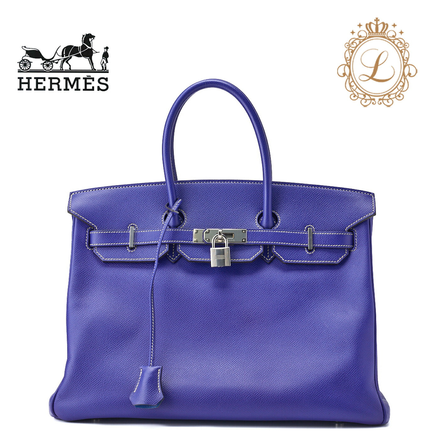 HERMES Birkin 35 Handbag Vaux Epson Blue France Silver-Tone Hardware Pre-Owned - Vintage La Charme