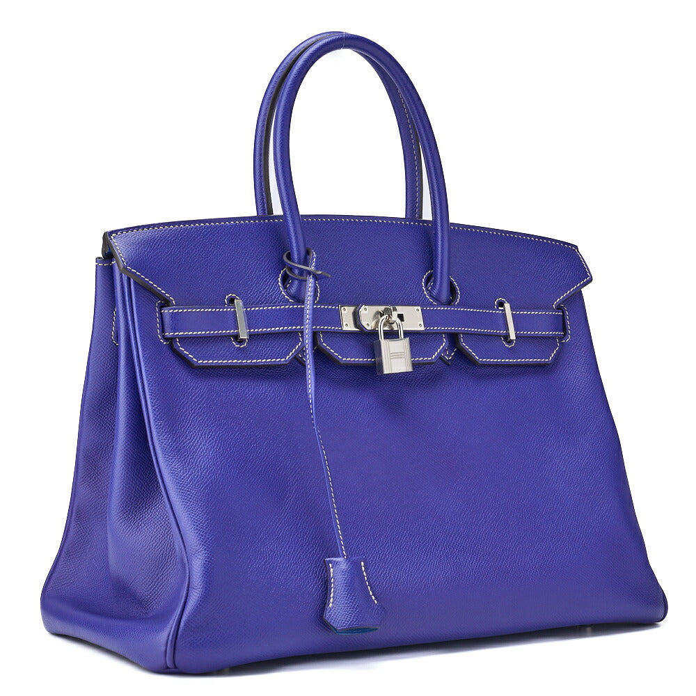 HERMES Birkin 35 Handbag Vaux Epson Blue France Silver-Tone Hardware Pre-Owned - Vintage La Charme