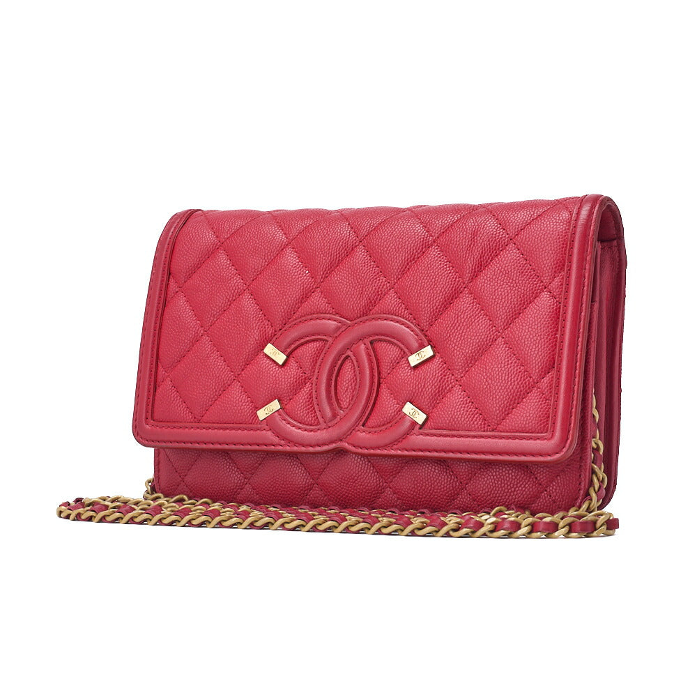 CHANEL Shoulder Bag Chain Wallet Matelasse Caviar Skin Red Gold-Tone Hardware Pre-Owned - Vintage La Charme