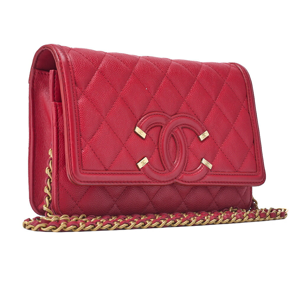 CHANEL Shoulder Bag Chain Wallet Matelasse Caviar Skin Red Gold-Tone Hardware Pre-Owned - Vintage La Charme