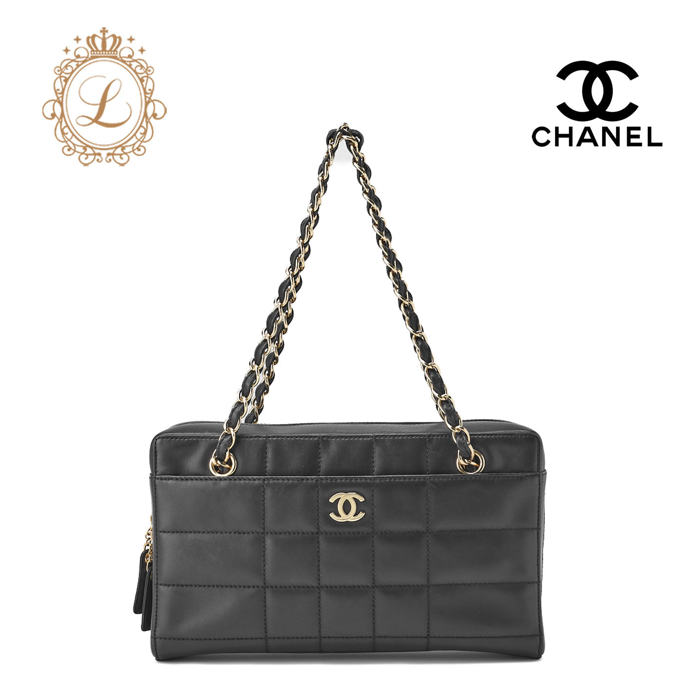 CHANEL Shoulder Tote Bag Chocolate Bar, Calfskin, Black, Gold-Tone Hardware, Pre-Owned - Vintage La Charme
