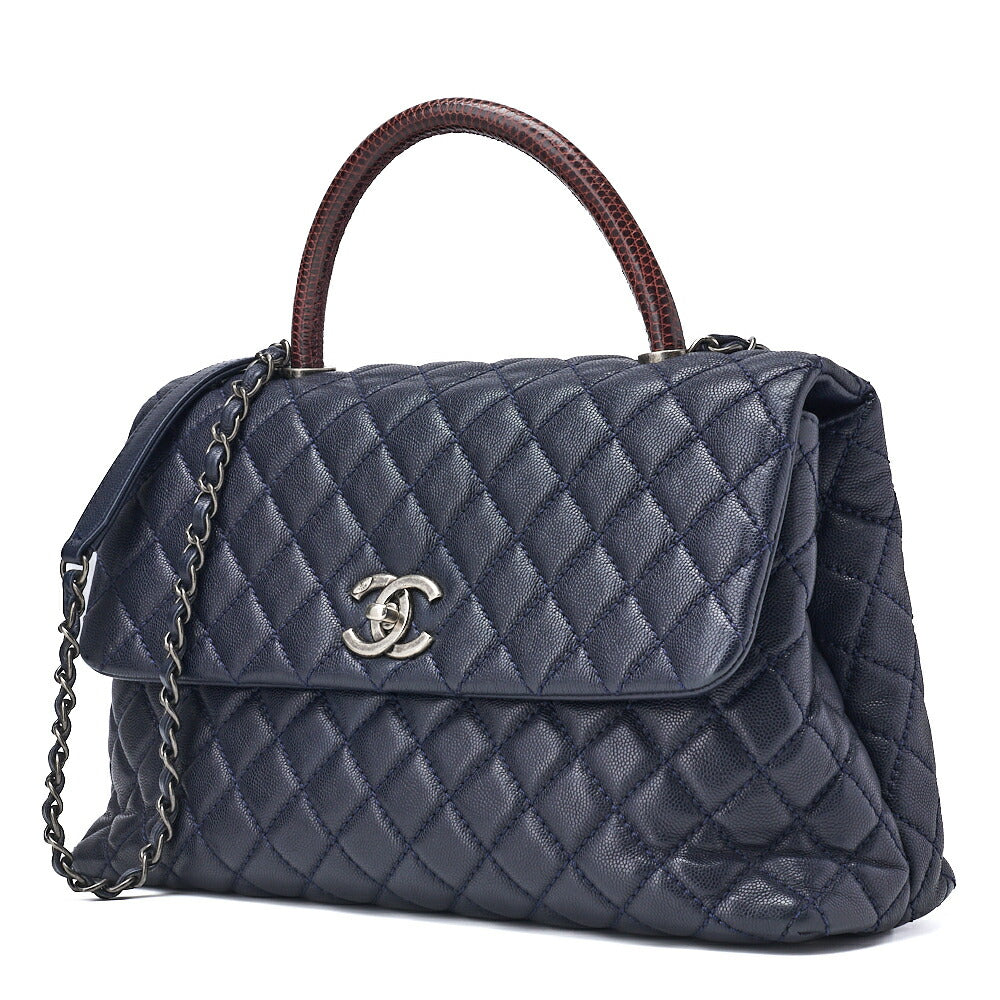CHANEL Shoulder Tote Bag Matelasse Coco Handle 2WAY Caviar Skin Navy Silver-Tone Hardware Pre-Owned - Vintage La Charme
