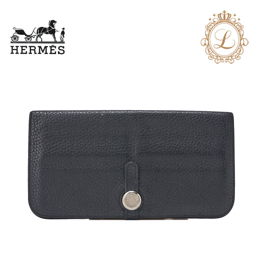 HERMES Dogon Long Two-Fold Wallet Togo Black Silver-Tone Hardware Pre-Owned - Vintage La Charme