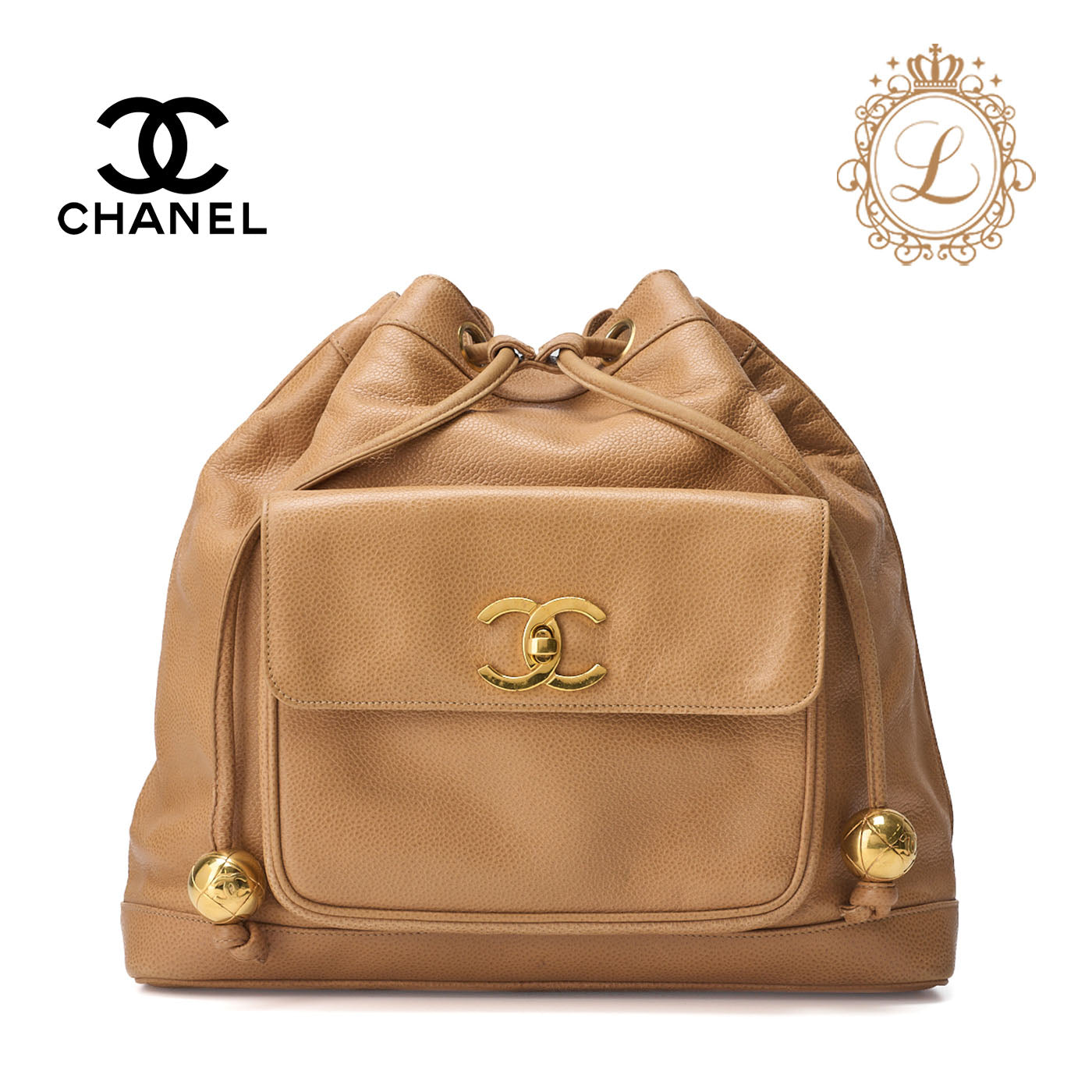 CHANEL Shoulder Backpack Bag Outside Flap Drawstring Type Caviar Skin Beige Gold-Tone Hardware Pre-Owned - Vintage La Charme
