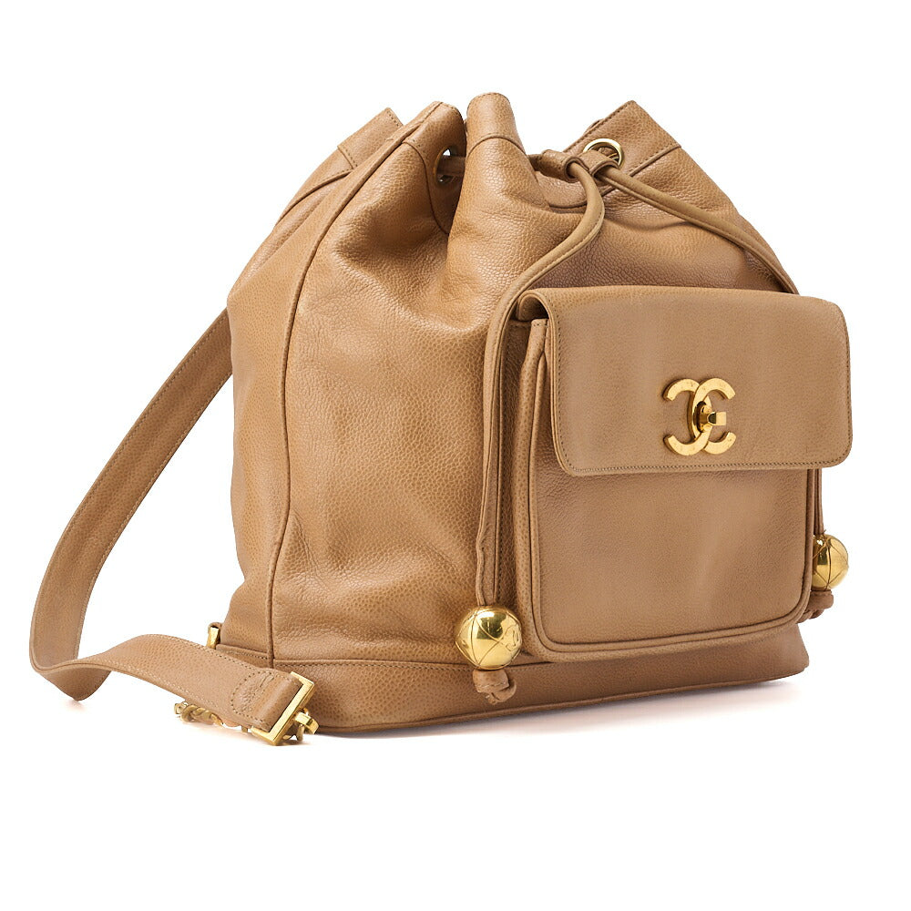 CHANEL Shoulder Backpack Bag Outside Flap Drawstring Type Caviar Skin Beige Gold-Tone Hardware Pre-Owned - Vintage La Charme