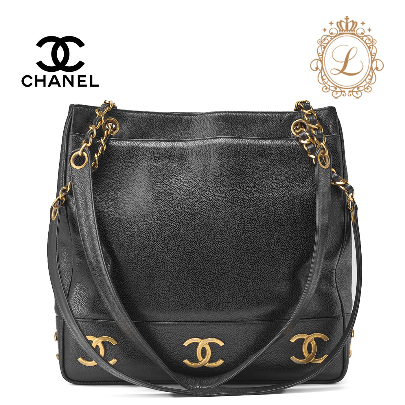 CHANEL Shoulder Tote Bag Triple Coco Double Chain Shoulder Caviar Skin Black Gold-Tone Hardware Pre-Owned - Vintage La Charme