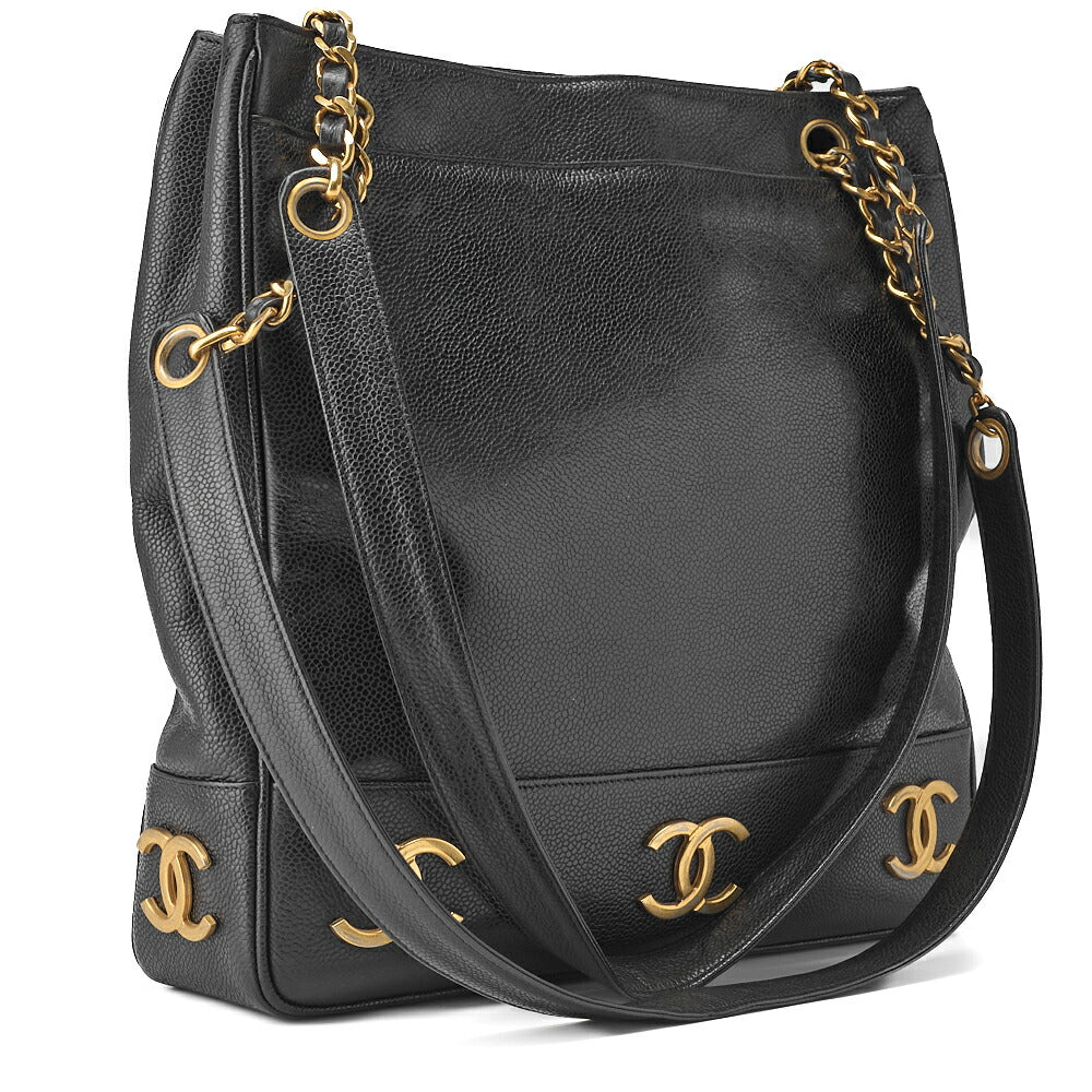 CHANEL Shoulder Tote Bag Triple Coco Double Chain Shoulder Caviar Skin Black Gold-Tone Hardware Pre-Owned - Vintage La Charme