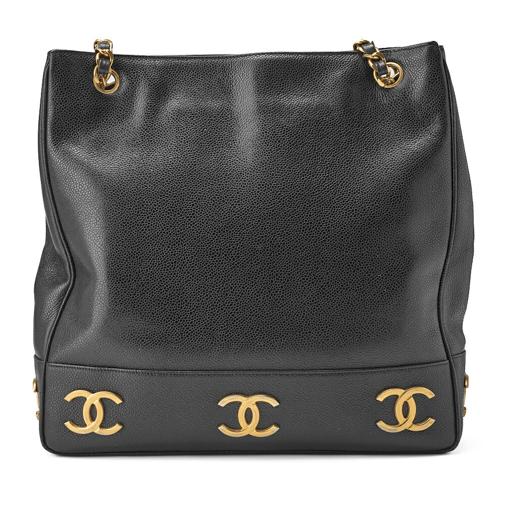 CHANEL Shoulder Tote Bag Triple Coco Double Chain Shoulder Caviar Skin Black Gold-Tone Hardware Pre-Owned - Vintage La Charme