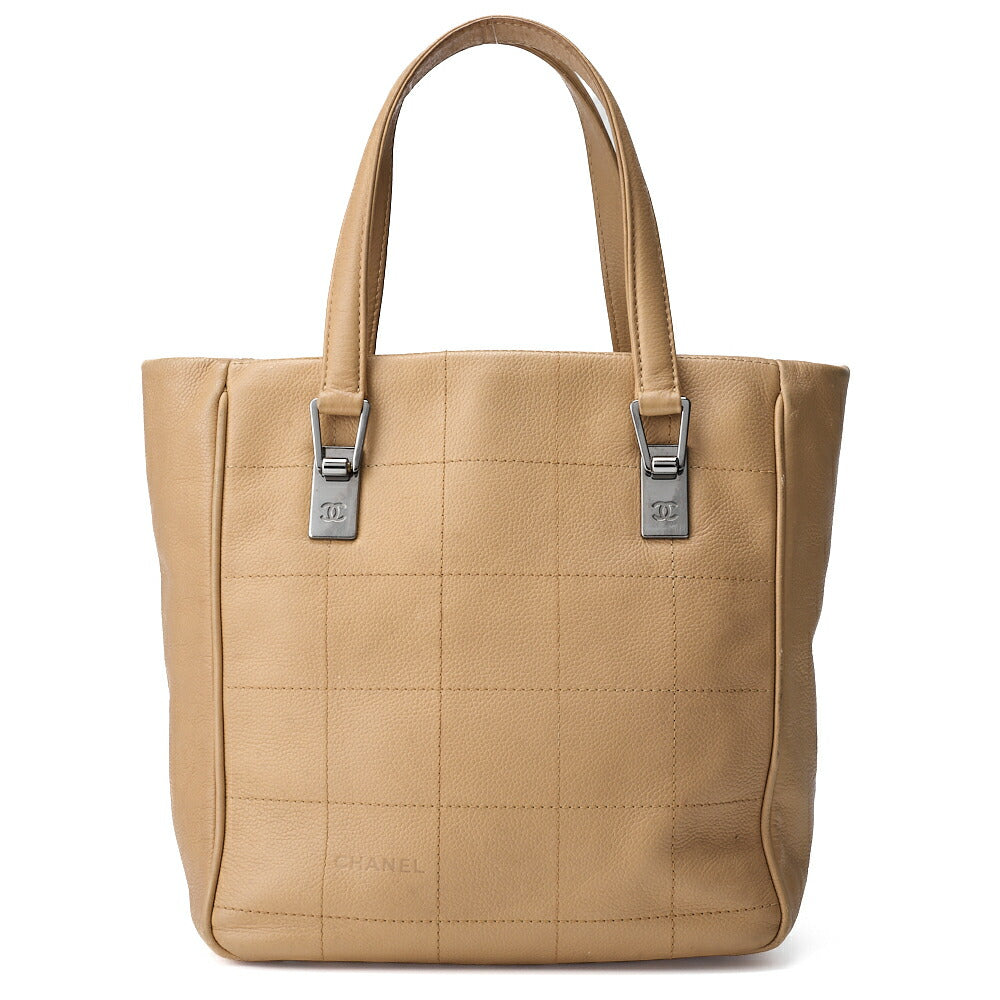 CHANEL Shoulder Tote Bag Choco Bar Logo Mark Caviar Skin Beige Silver-Tone Hardware Pre-Owned - Vintage La Charme