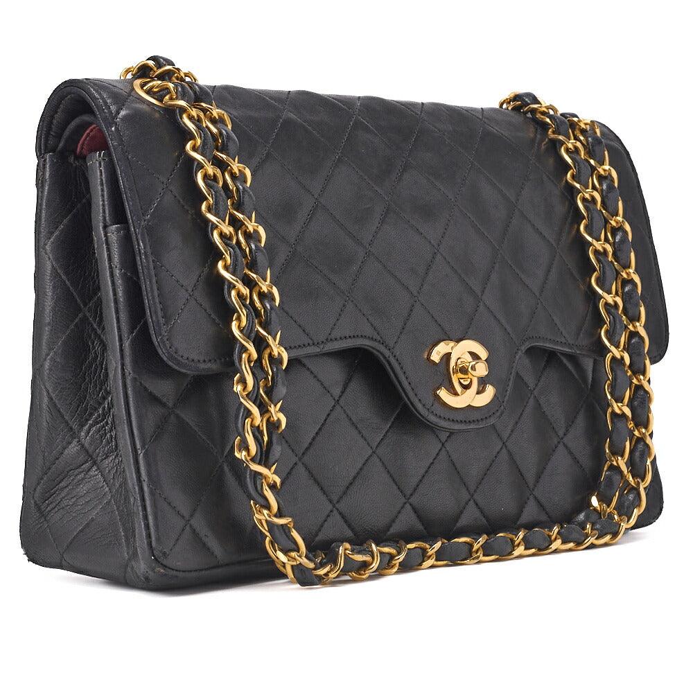 CHANEL Shoulder Bag, Matelasse Double Flap, Lambskin, Black, Gold-Tone Hardware, Pre-Owned - Vintage La Charme